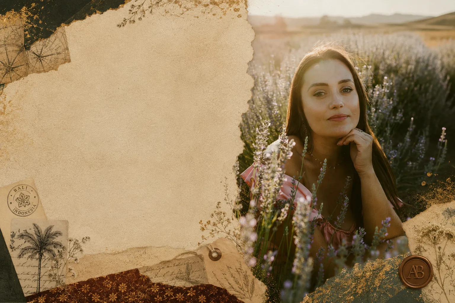 Ana among lavender at sunset, framed by aged paper, a Bali stamp and a wax seal