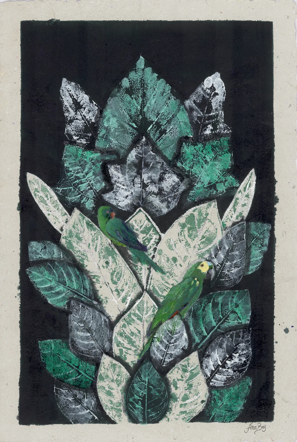 Leaf prints in green, white and grey forming a canopy, with two green parrots