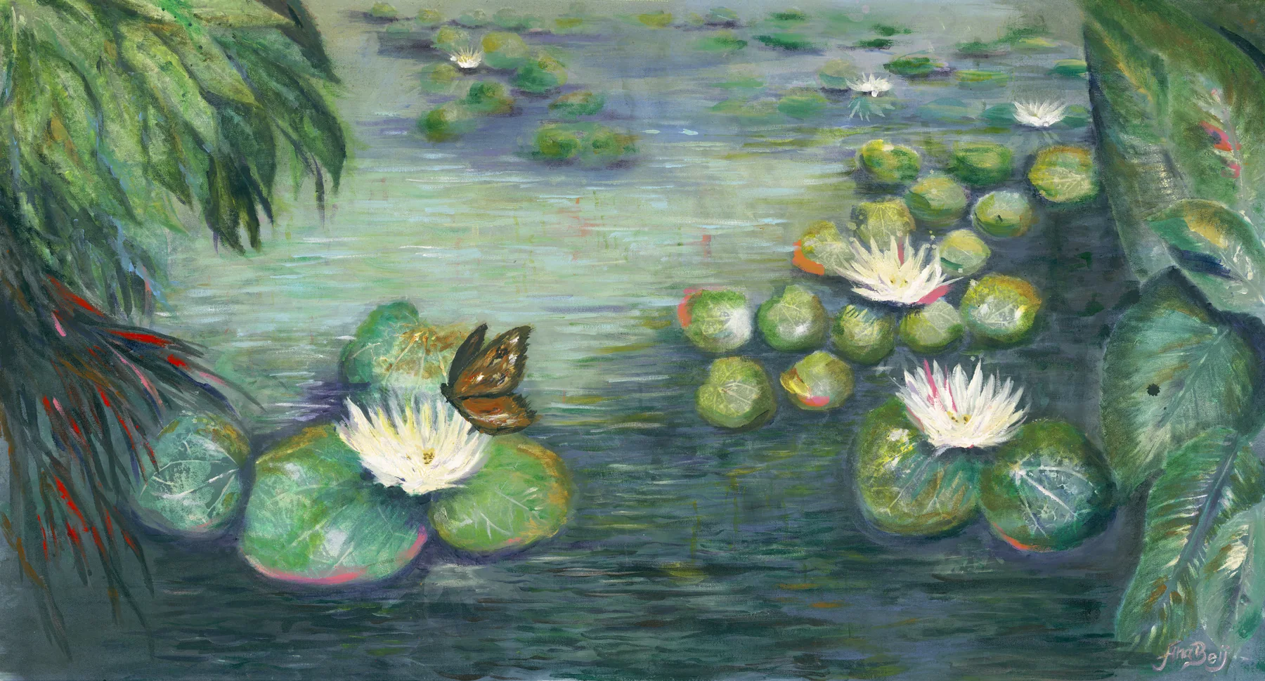 Water lilies on a green pond with a brown butterfly, framed by tropical leaves