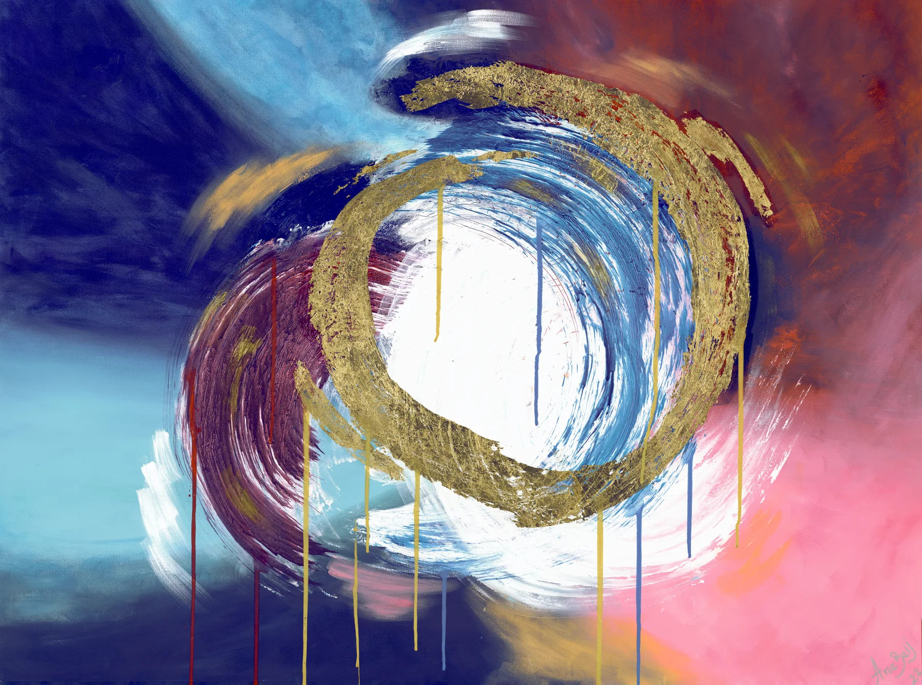 A gold leaf circle swirling through deep blue, white and coral pink