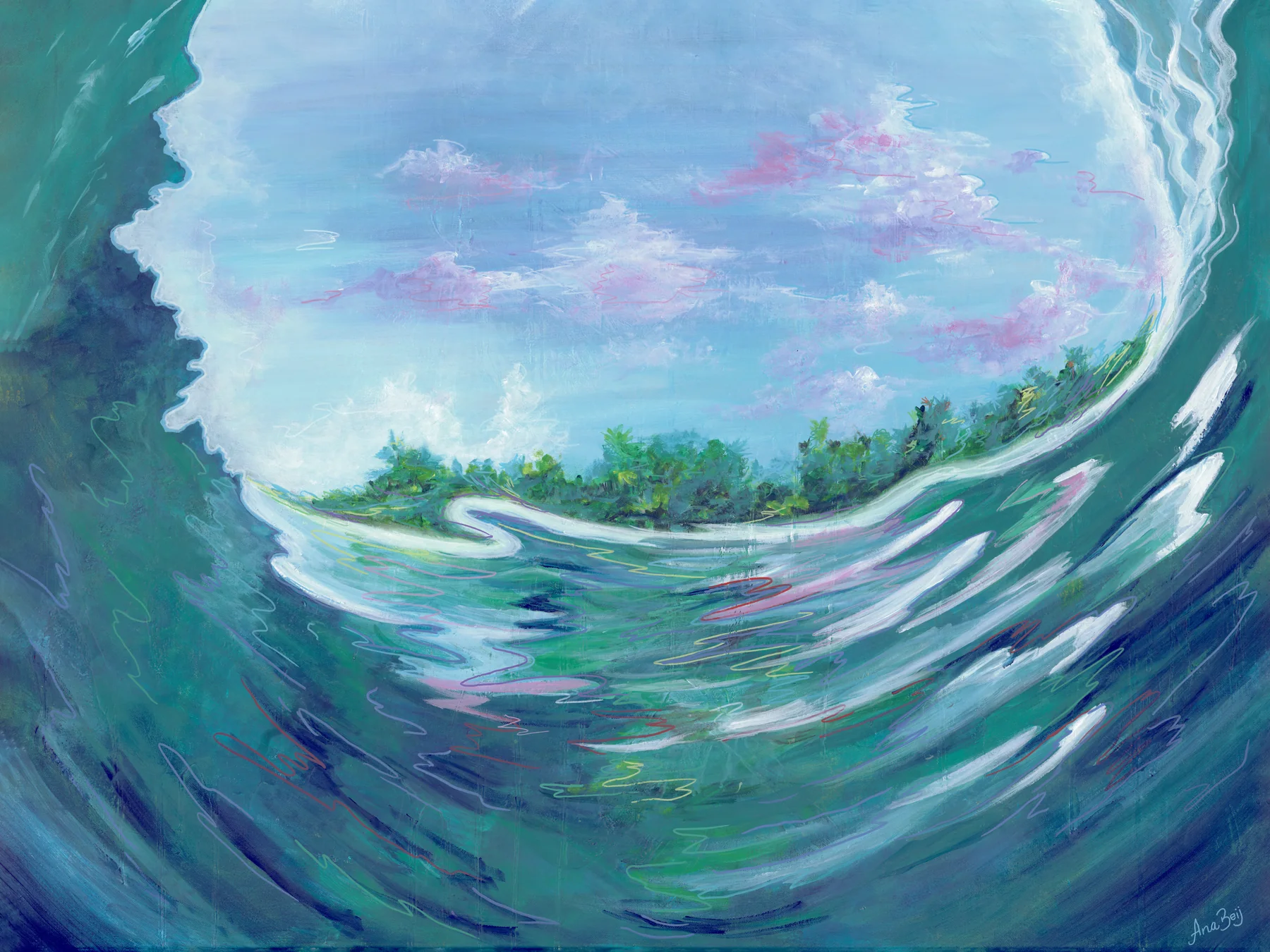 Inside a curling turquoise wave, looking out to a green shore and pink clouds