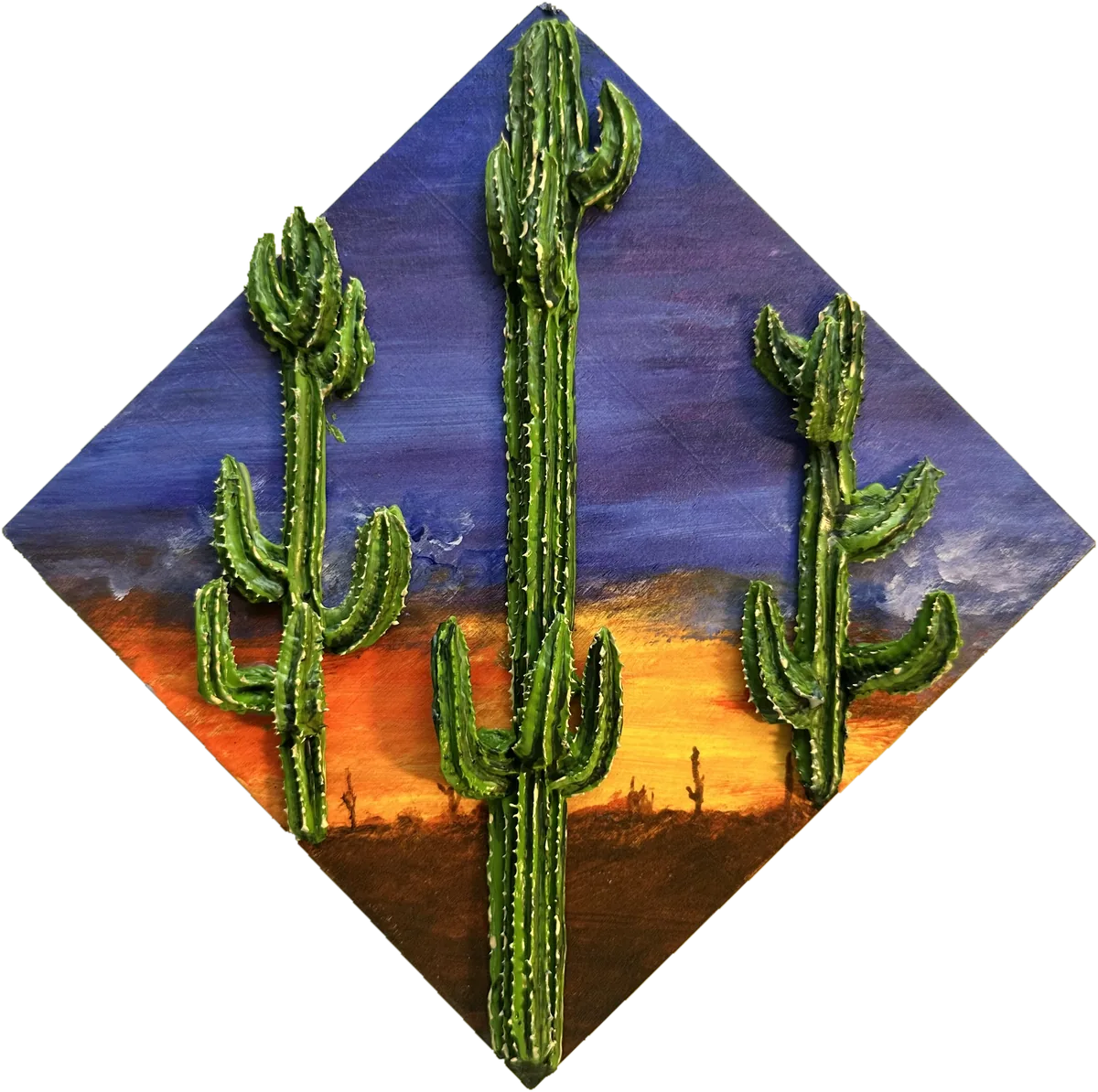 Diamond-shaped panel of sculpted saguaro cacti at sunset