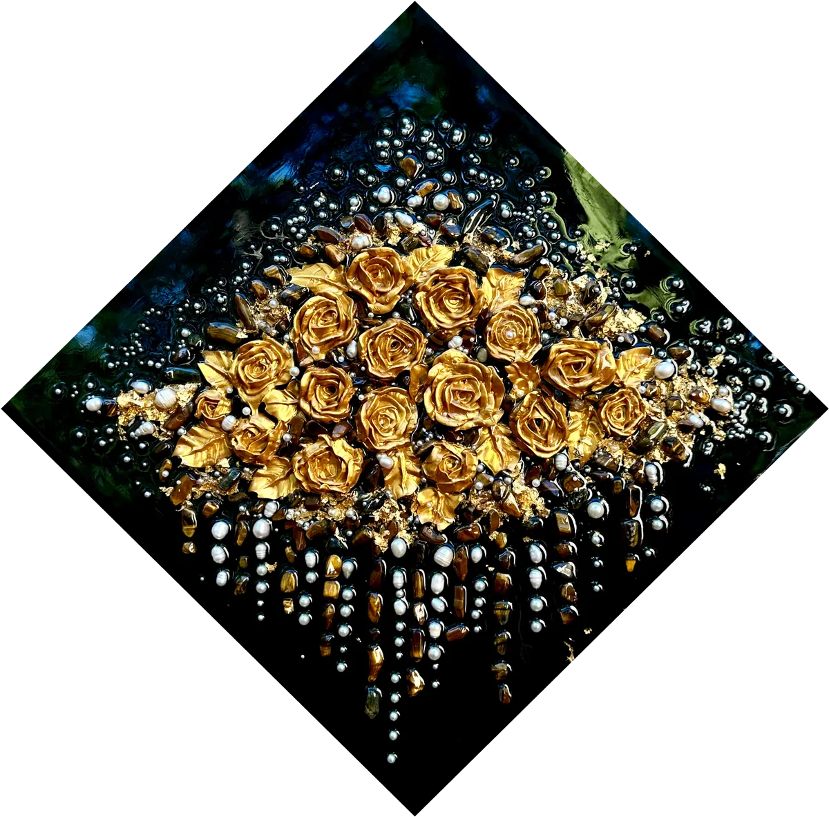 Sculpted gold roses on a black diamond-shaped panel