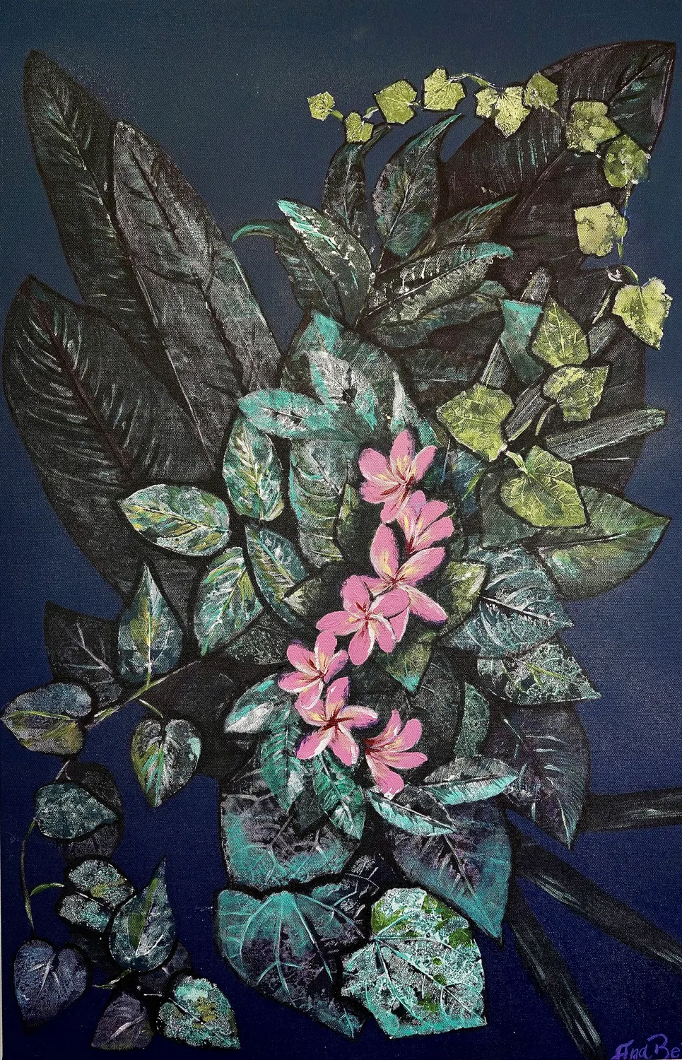 Botanical impression of dark tropical leaves with pink flowers