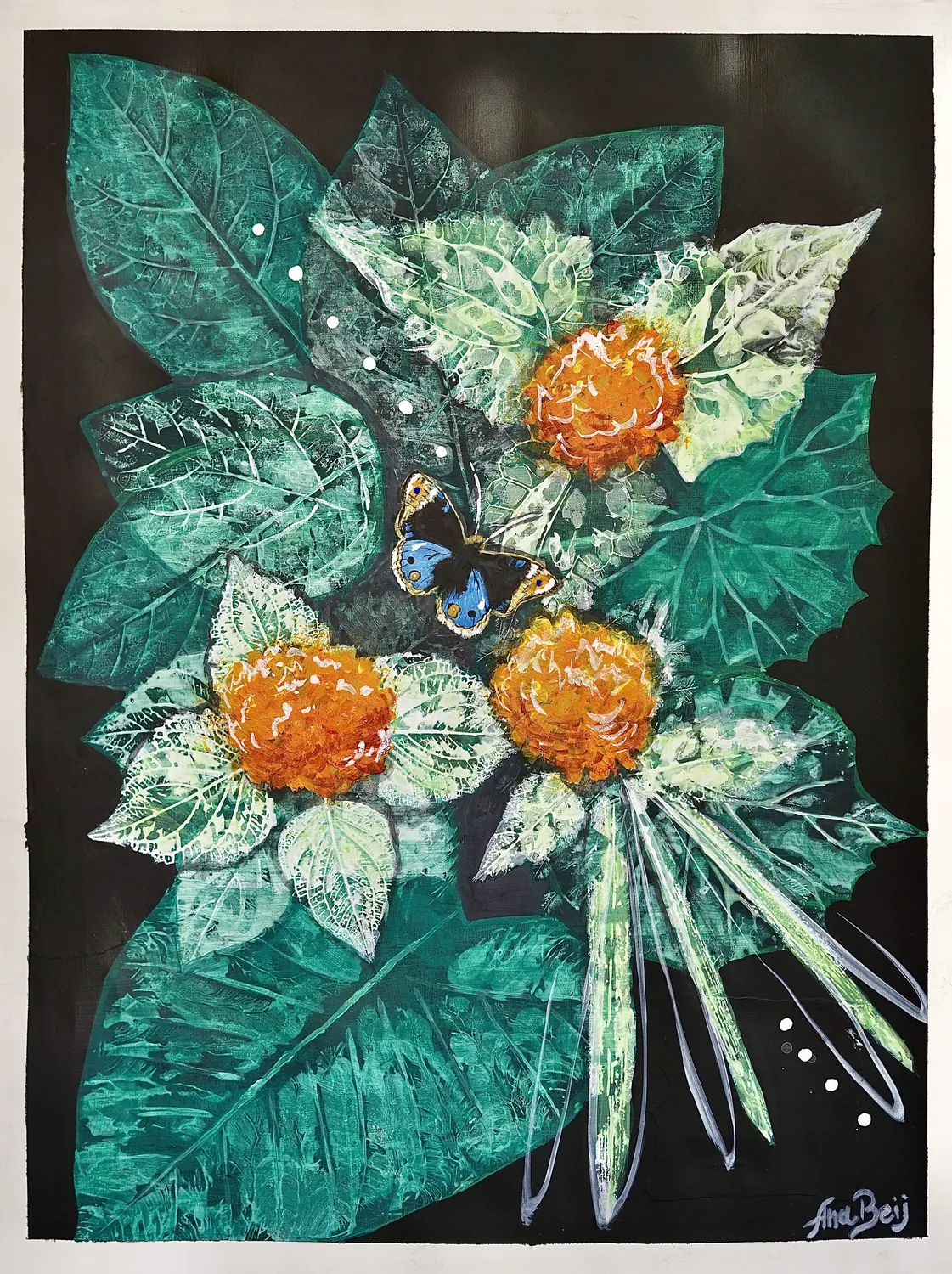 Botanical impression of teal leaves and orange flowers on black