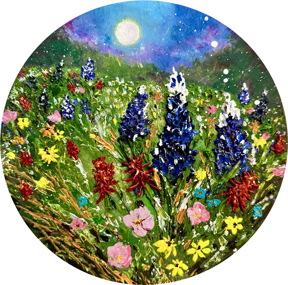 Round panel of bluebonnets and wildflowers under a full moon
